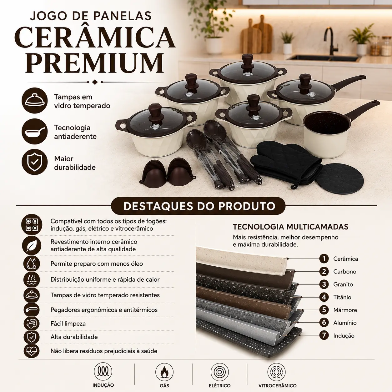 Jogo de Panelas Mônaco Platinum Cerâmica Premium 21 Peças Antiaderente