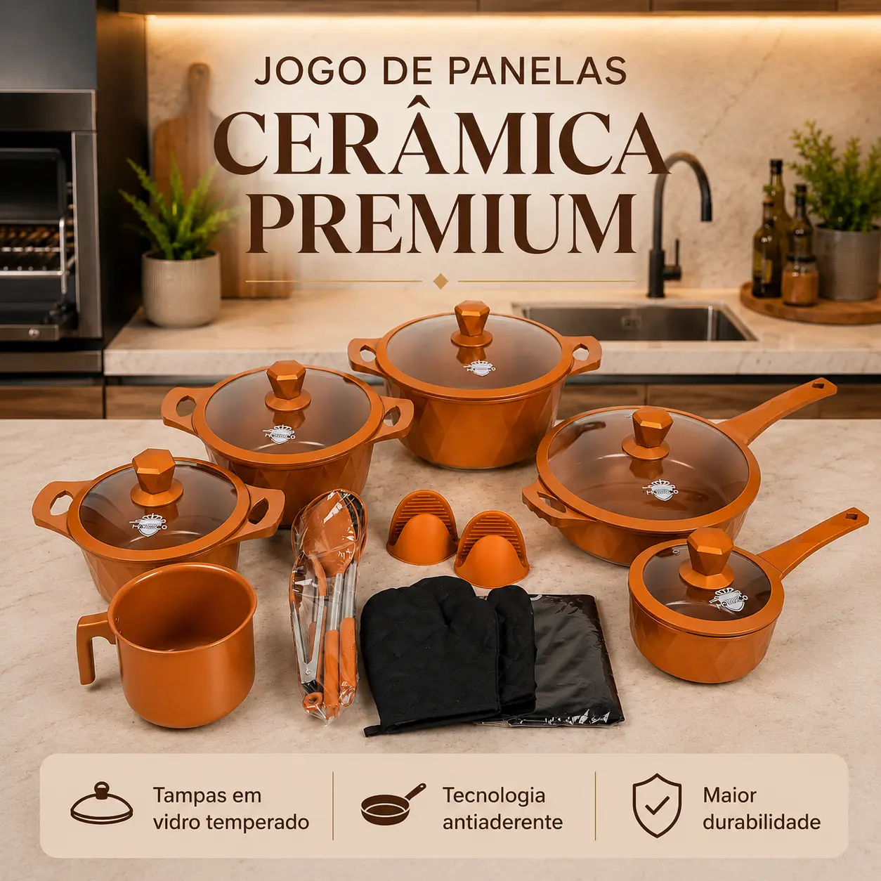 Jogo de Panelas Mônaco Platinum Cerâmica Premium 21 Peças Antiaderente